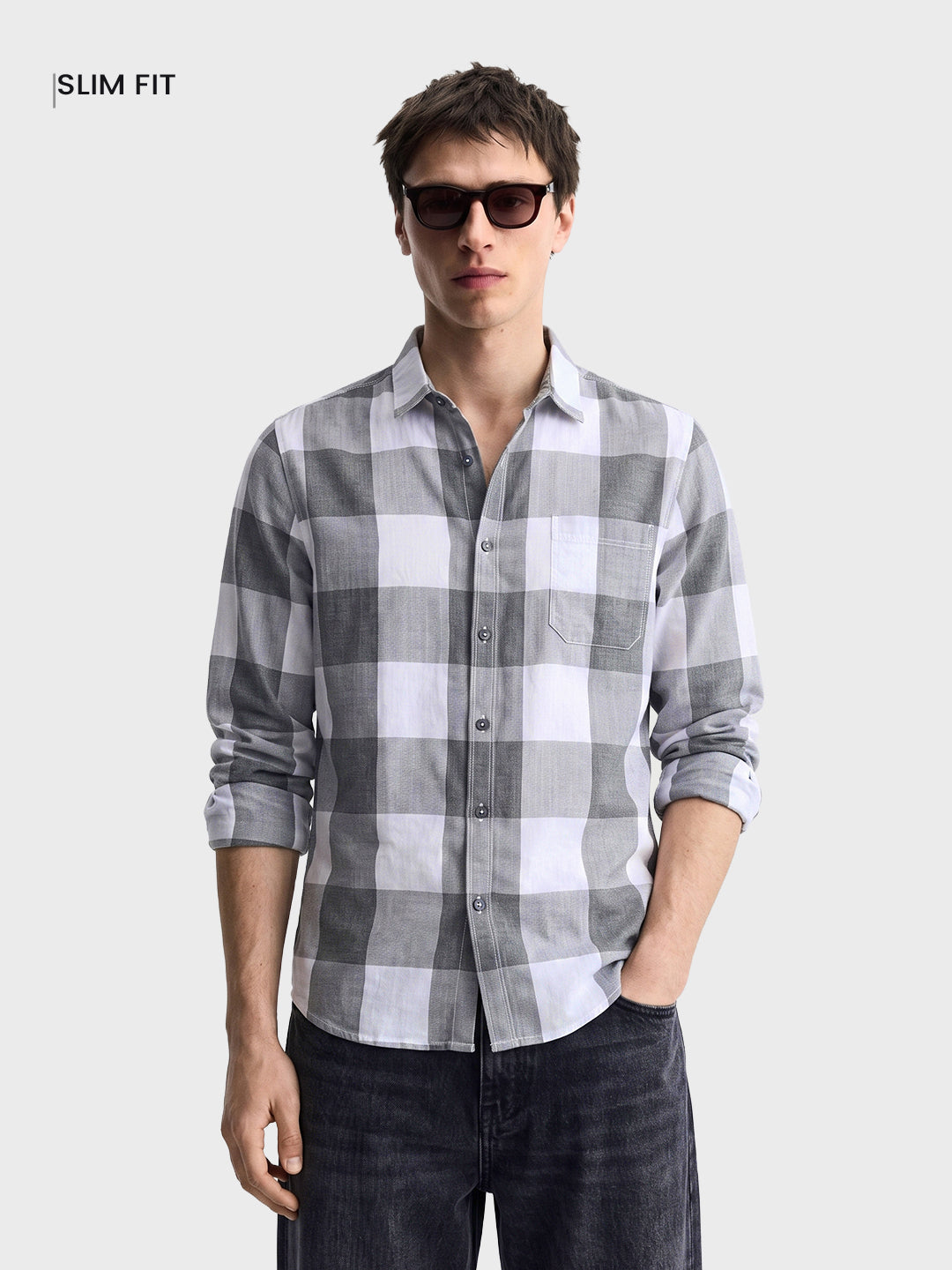 Men's Grey Slim Fit Checkered Casual Shirt