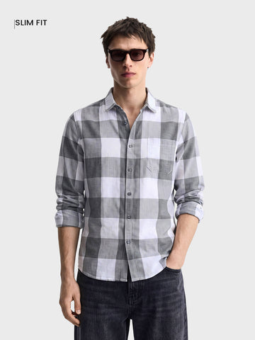 Men's Grey Slim Fit Checkered Casual Shirt