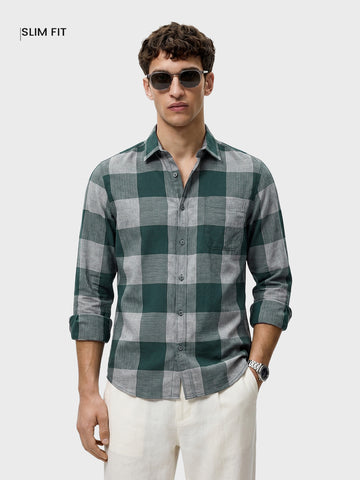 Men's Green Slim Fit Checkered Casual Shirt