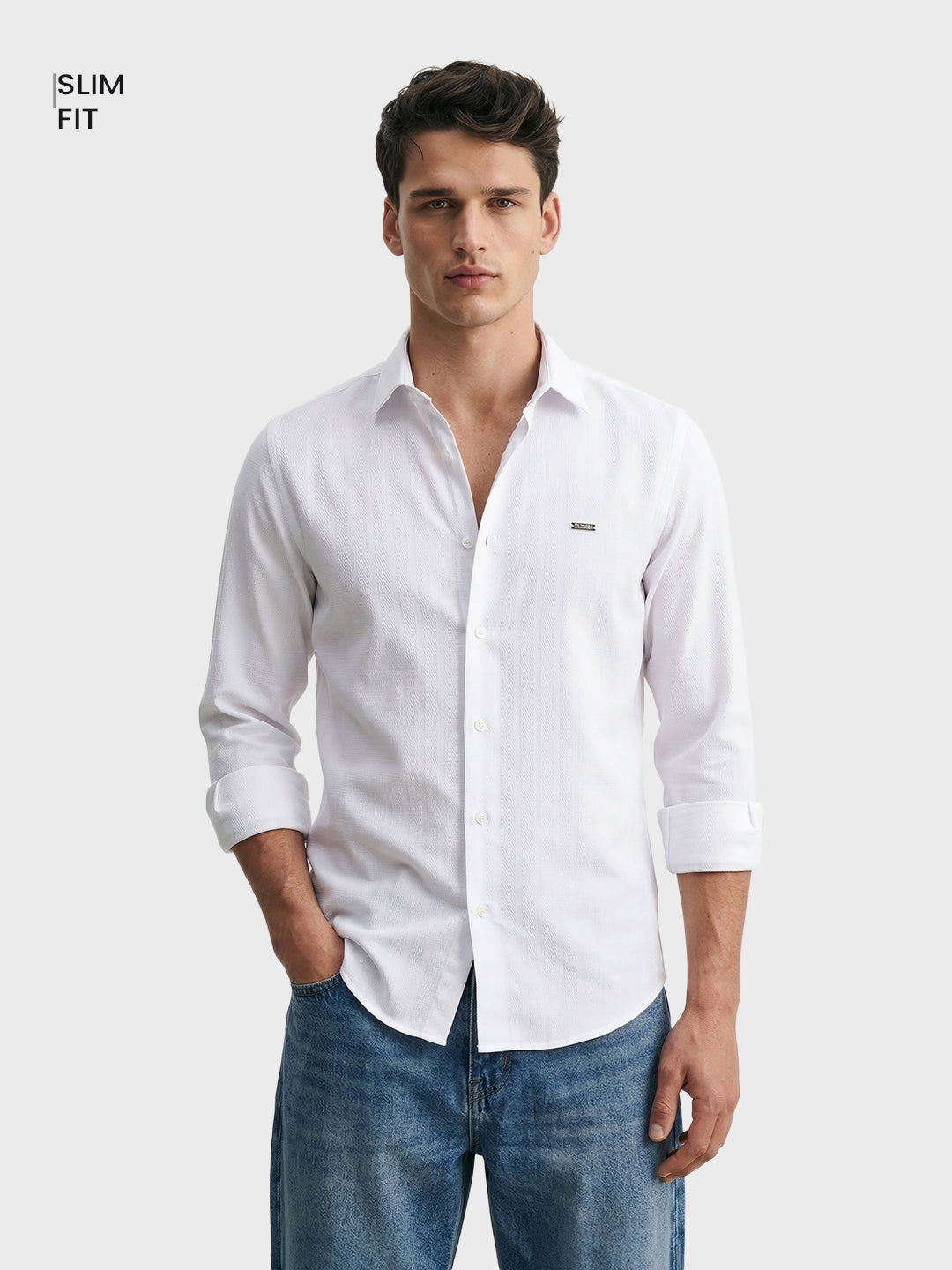 Men's White Slim Fit Solid Casual Shirt