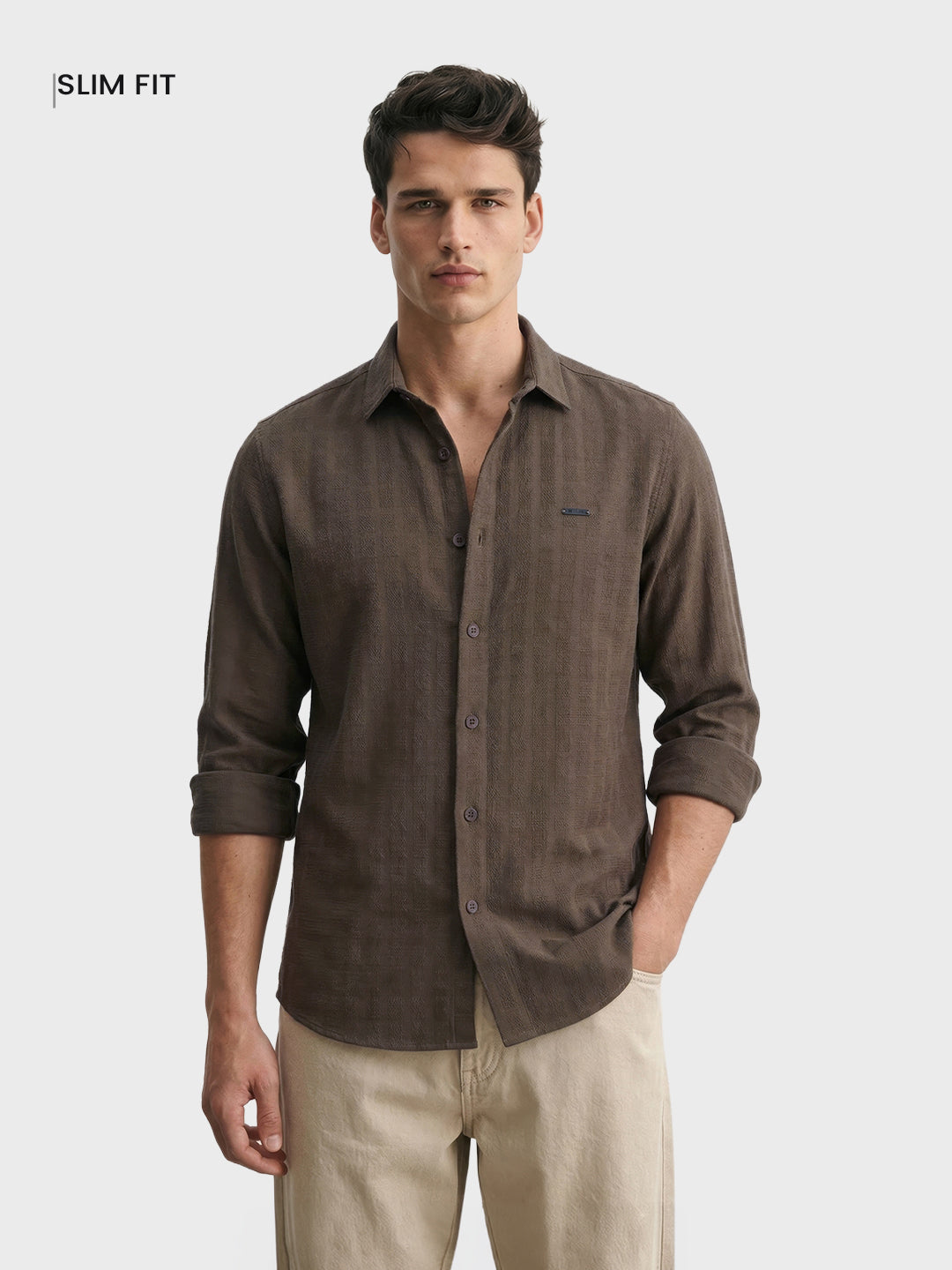 Men's Khaki Slim Fit Solid Casual Shirt