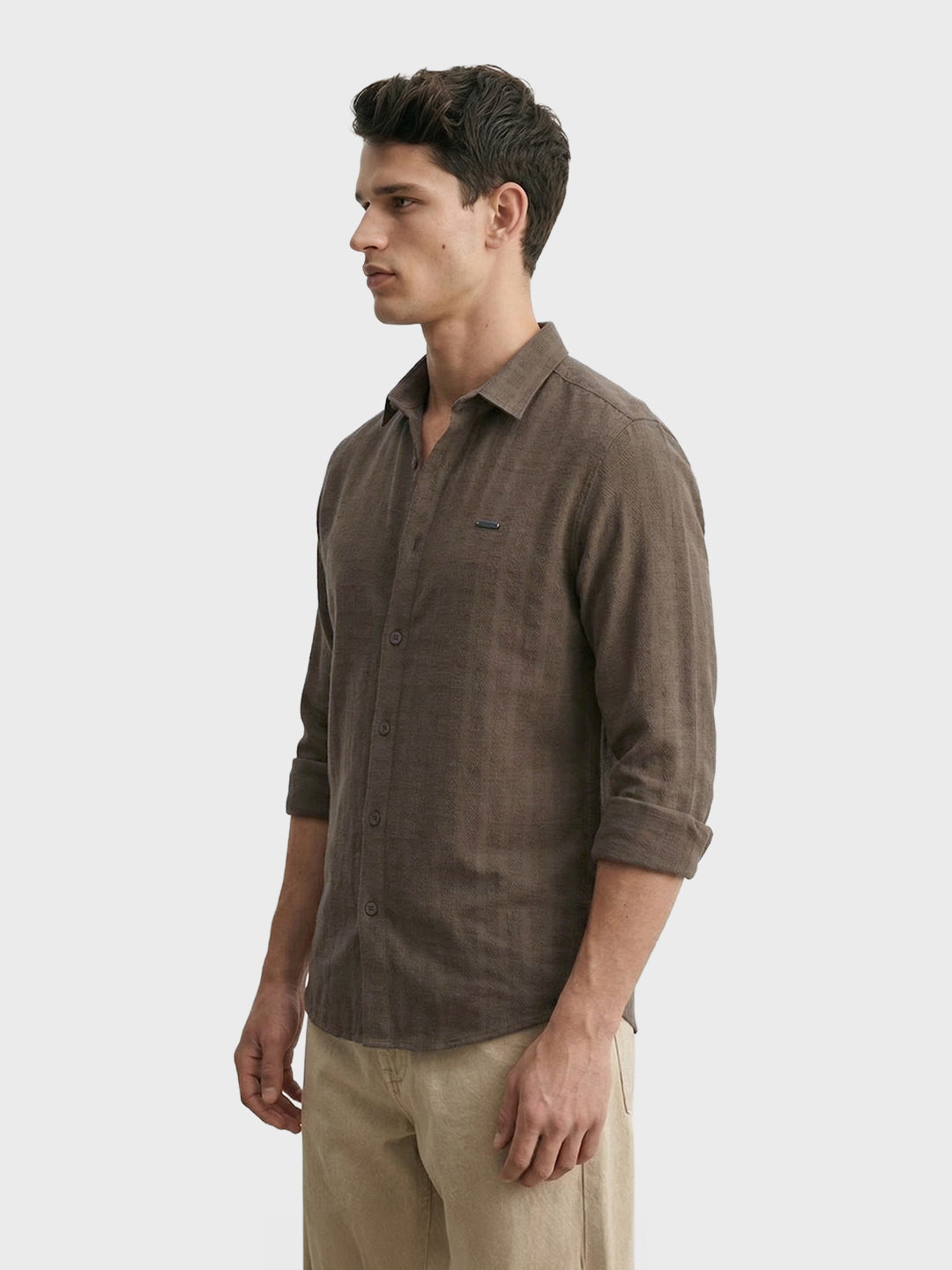 Men's Khaki Slim Fit Solid Casual Shirt