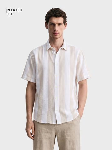 Men's Beige Relaxed Fit Solid Resort Wear Shirt