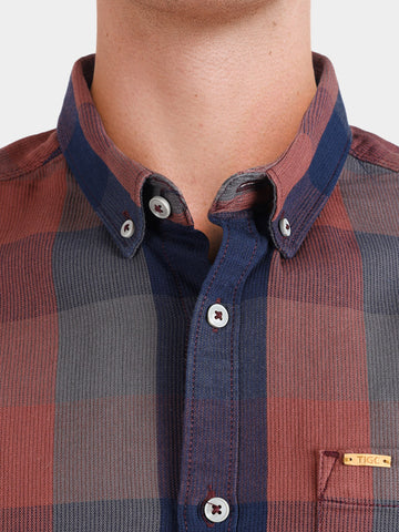 Men's Brown Slim Fit Checkered Casual Shirts