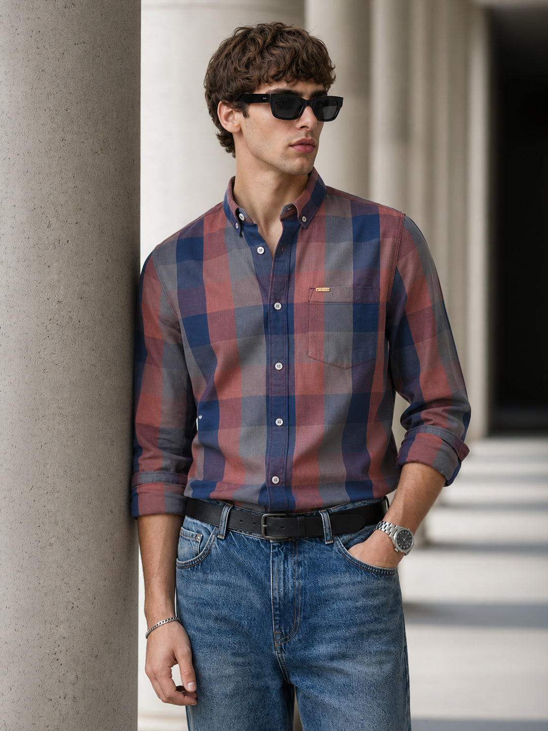 Men's Brown Slim Fit Checkered Casual Shirts