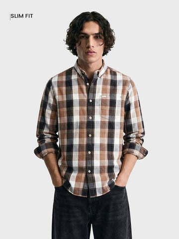 Men's Khaki Slim Fit Checkered Casual Shirts