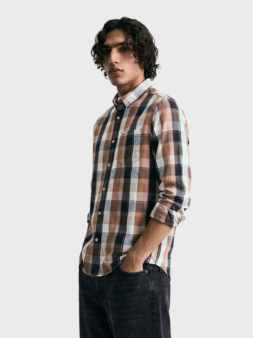 Men's Khaki Slim Fit Checkered Casual Shirts