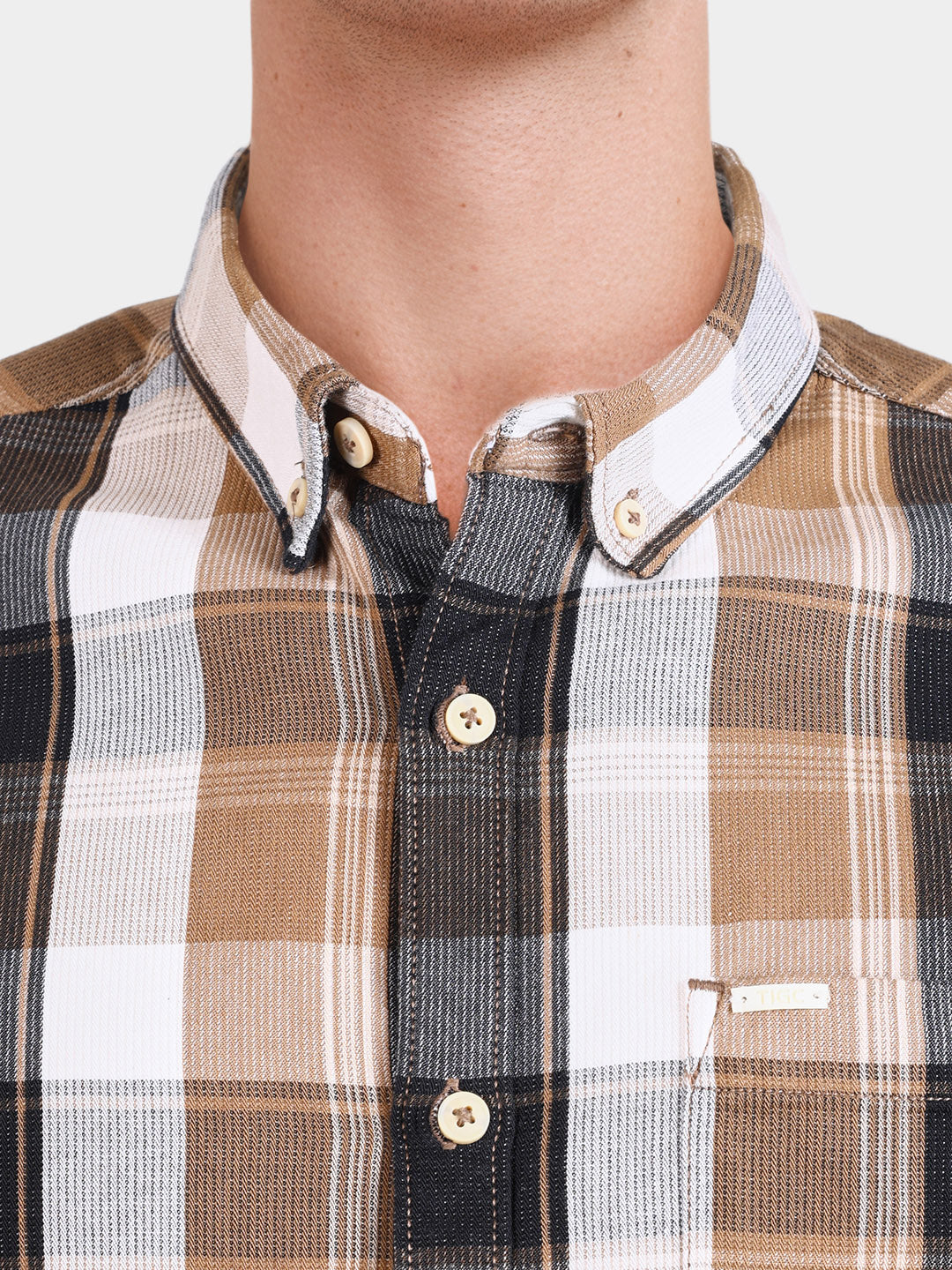 Men's Khaki Slim Fit Checkered Casual Shirts