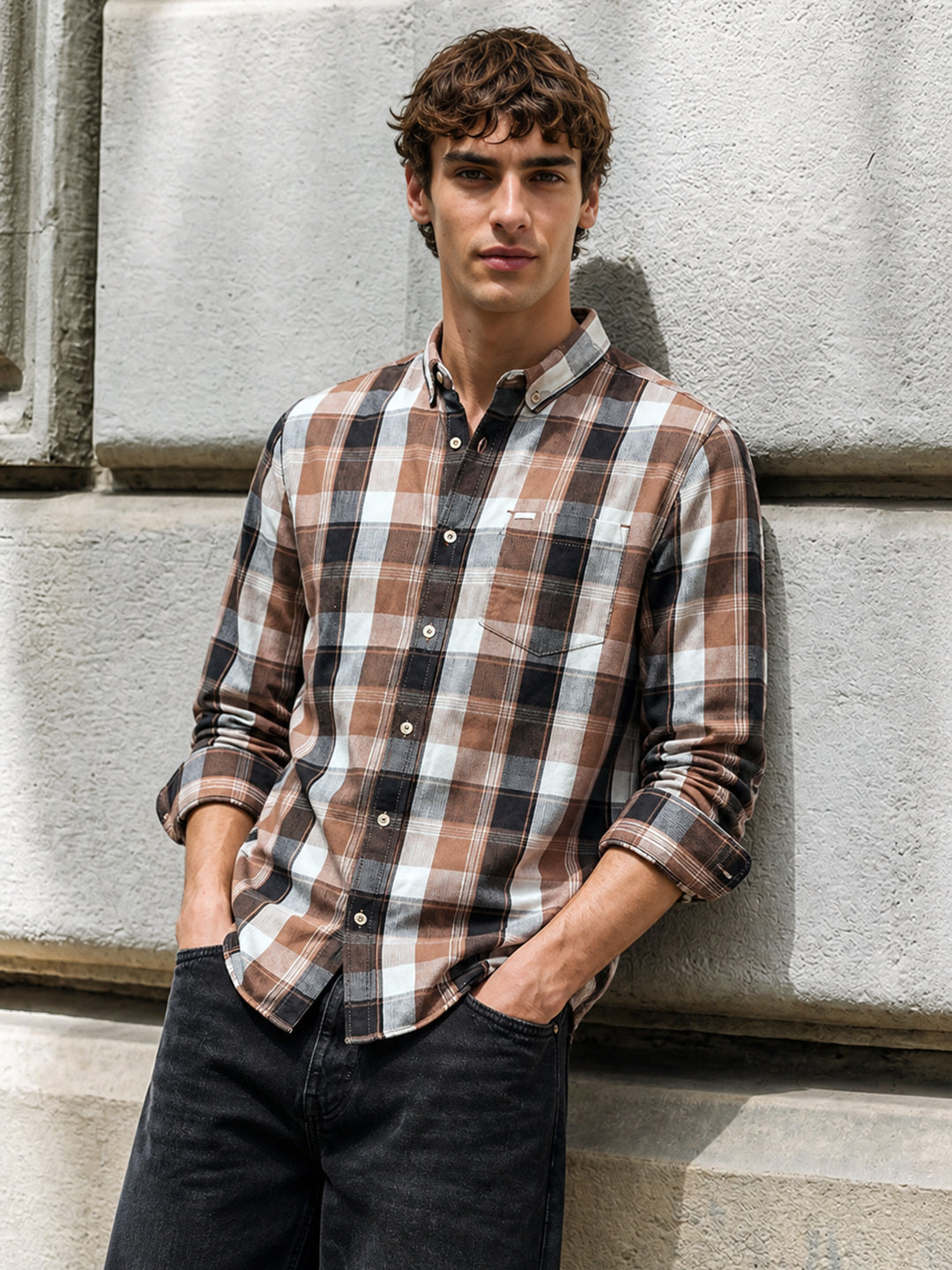 Men's Khaki Slim Fit Checkered Casual Shirts
