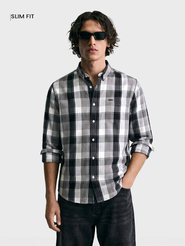 Men's Grey Slim Fit Checkered Casual Shirts