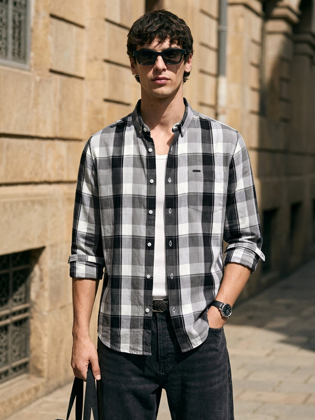 Men's Grey Slim Fit Checkered Casual Shirts
