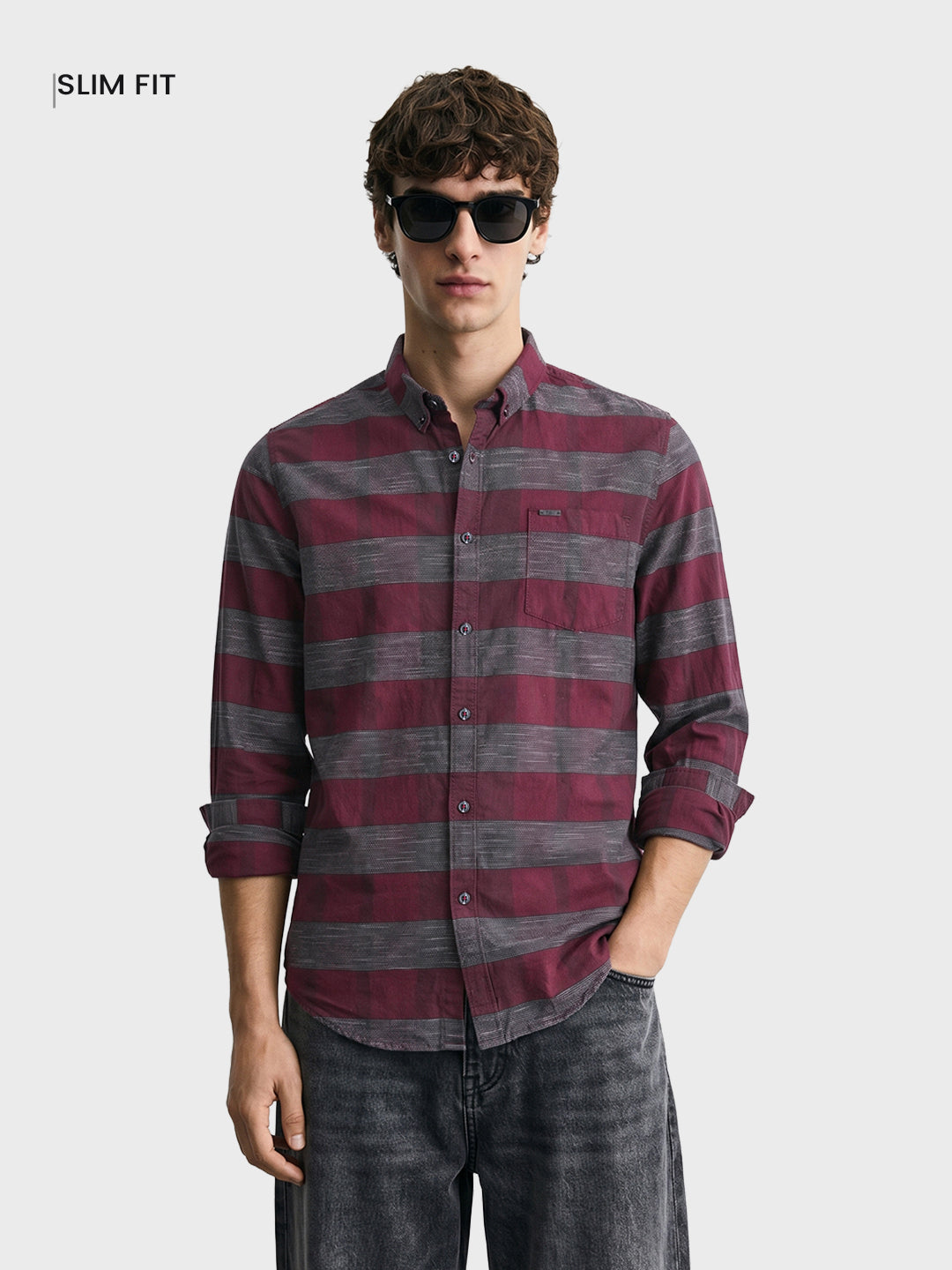 Men's Maroon Slim Fit Striped Casual Shirt