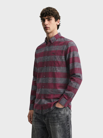 Men's Maroon Slim Fit Striped Casual Shirt
