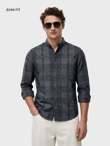 Men's Grey Slim Fit Striped Casual Shirt