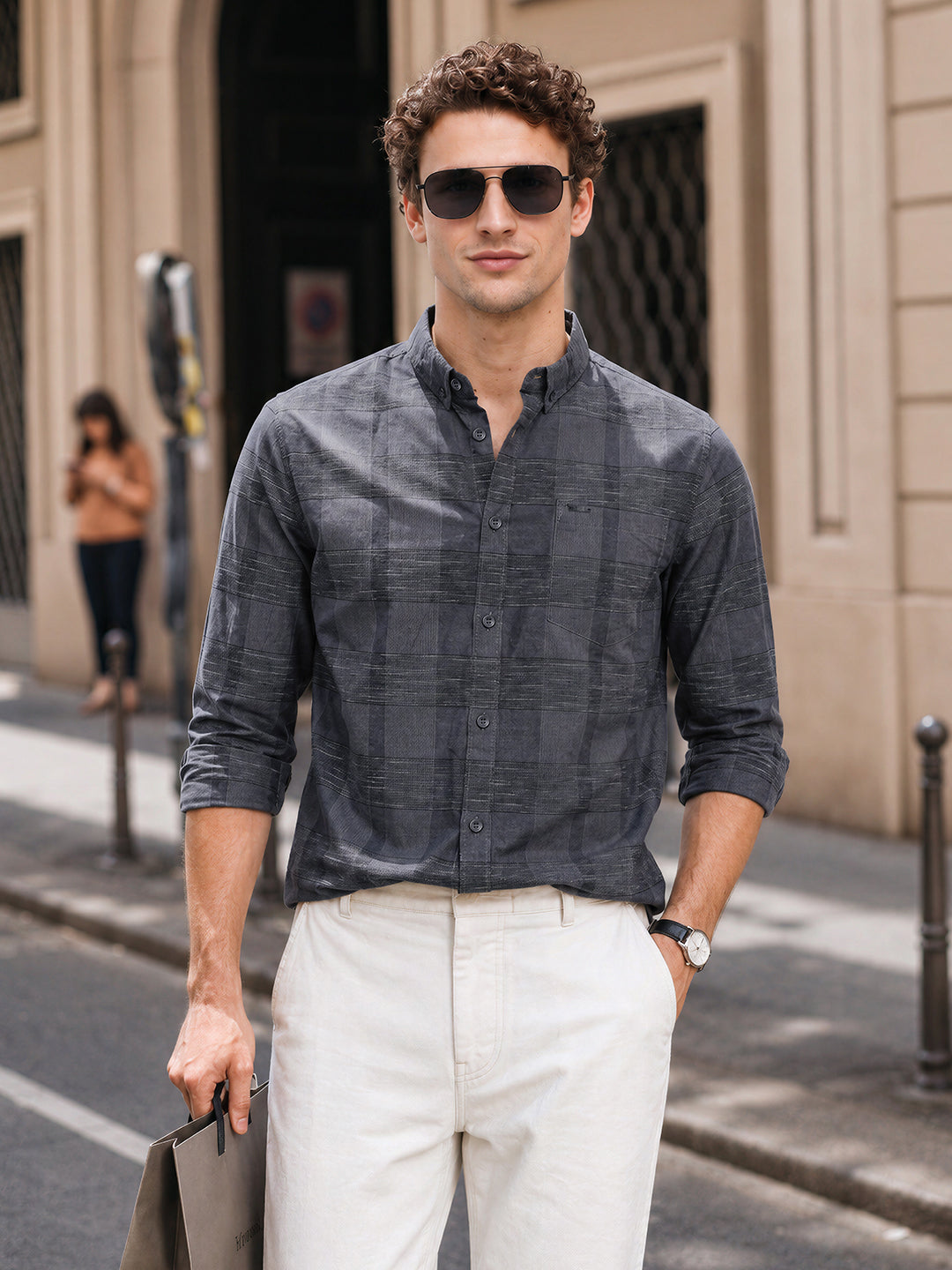 Men's Grey Slim Fit Striped Casual Shirt