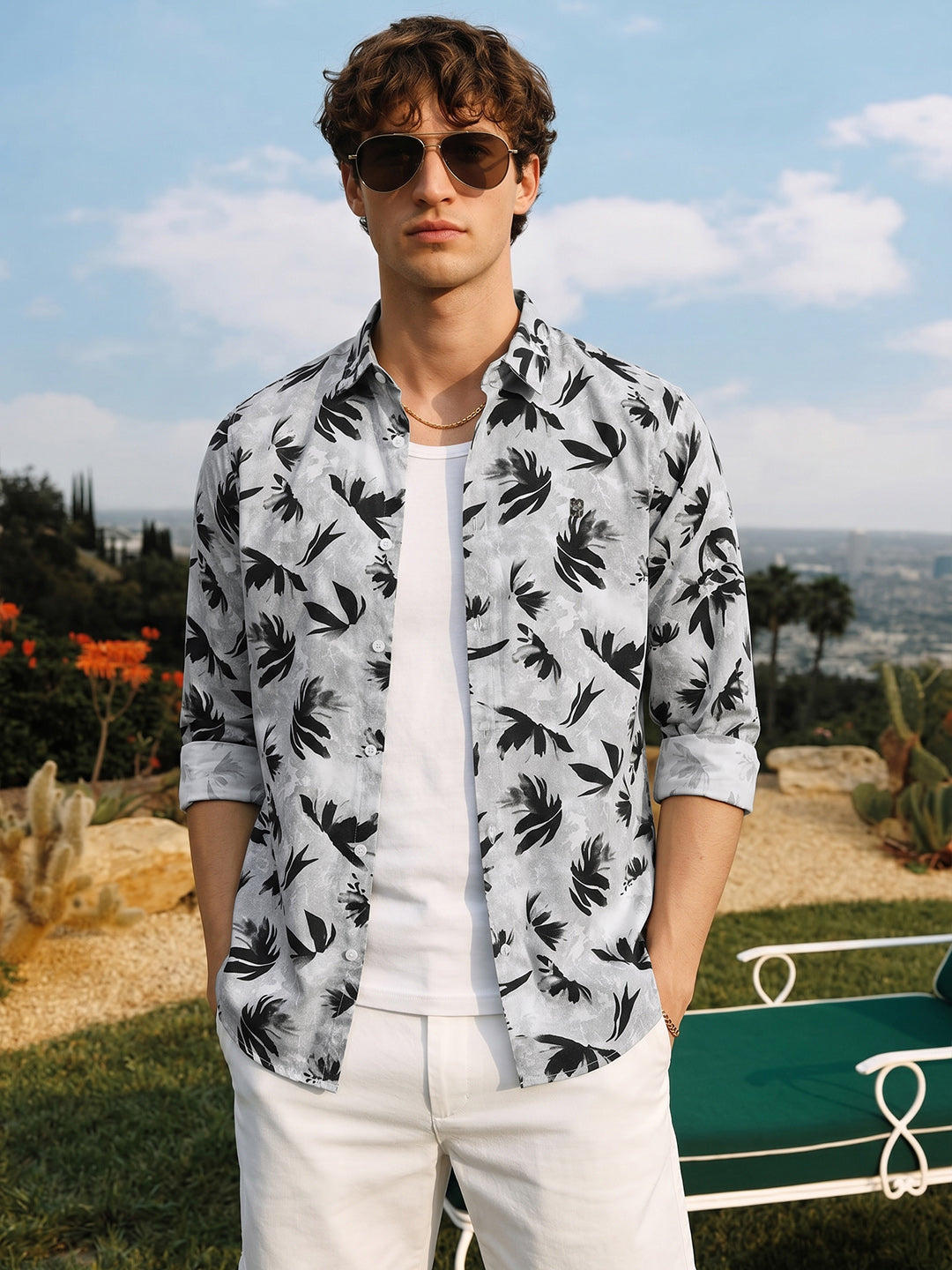 Men's Grey Slim Fit Printed Casual Shirt