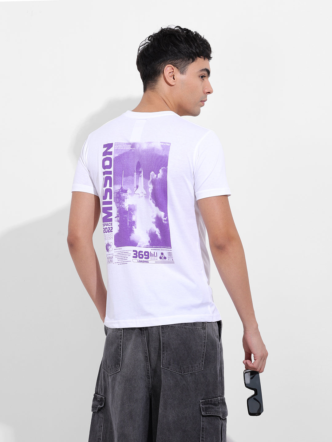 Men's White Slim Fit Graphic Back Printed Round Neck T-shirt