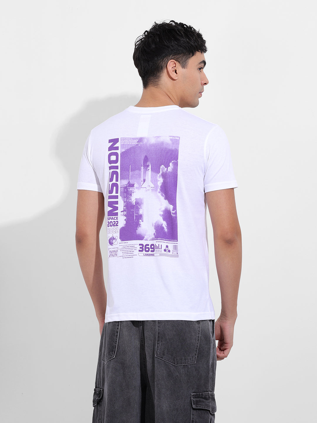 Men's White Slim Fit Graphic Back Printed Round Neck T-shirt