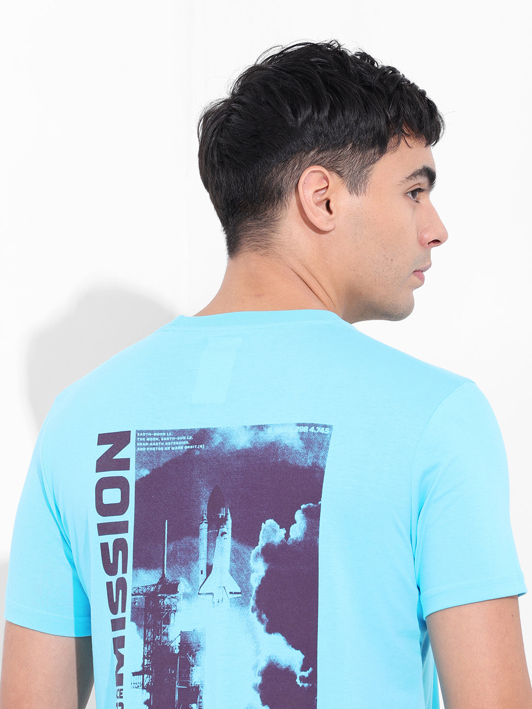 Men's Blue Slim Fit Graphic Back Printed Round Neck T-shirt