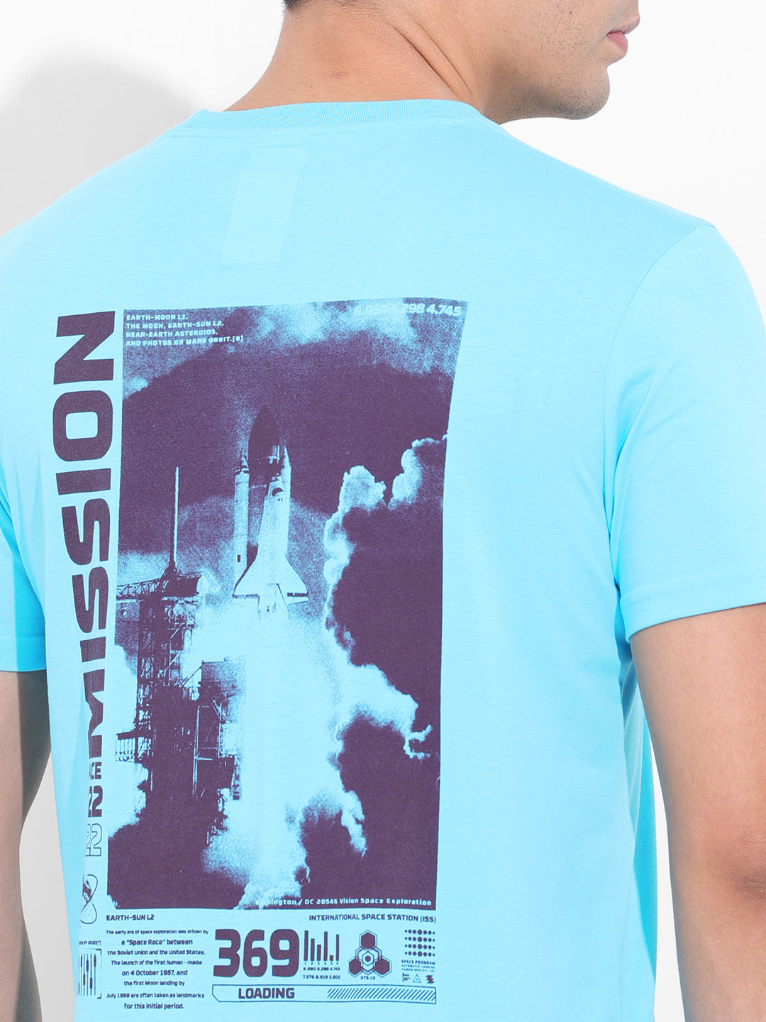 Men's Blue Slim Fit Graphic Back Printed Round Neck T-shirt