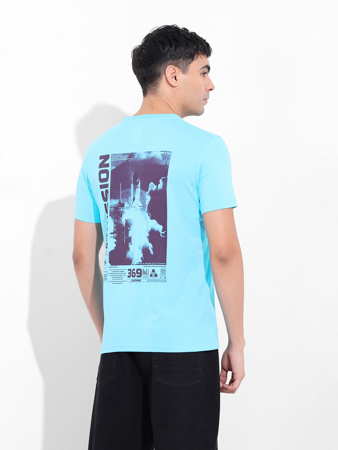 Men's Blue Slim Fit Graphic Back Printed Round Neck T-shirt