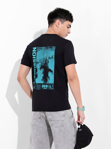 Men's Black Slim Fit Graphic Back Printed Round Neck T-shirt