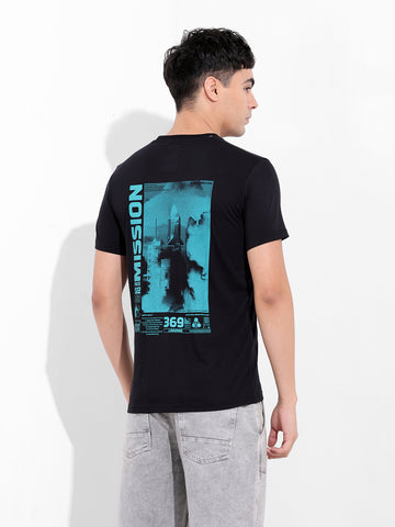 Men's Black Slim Fit Graphic Back Printed Round Neck T-shirt