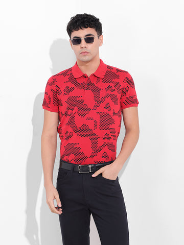 Men's Red Slim Fit Printed Polo Collar T-shirt