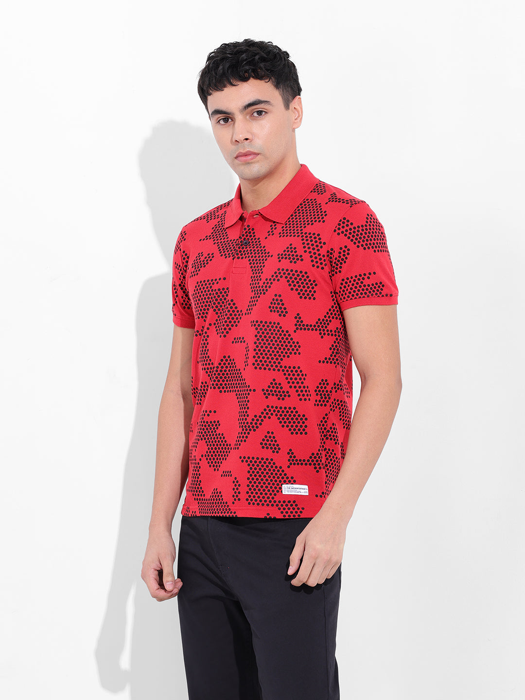 Men's Red Slim Fit Printed Polo Collar T-shirt