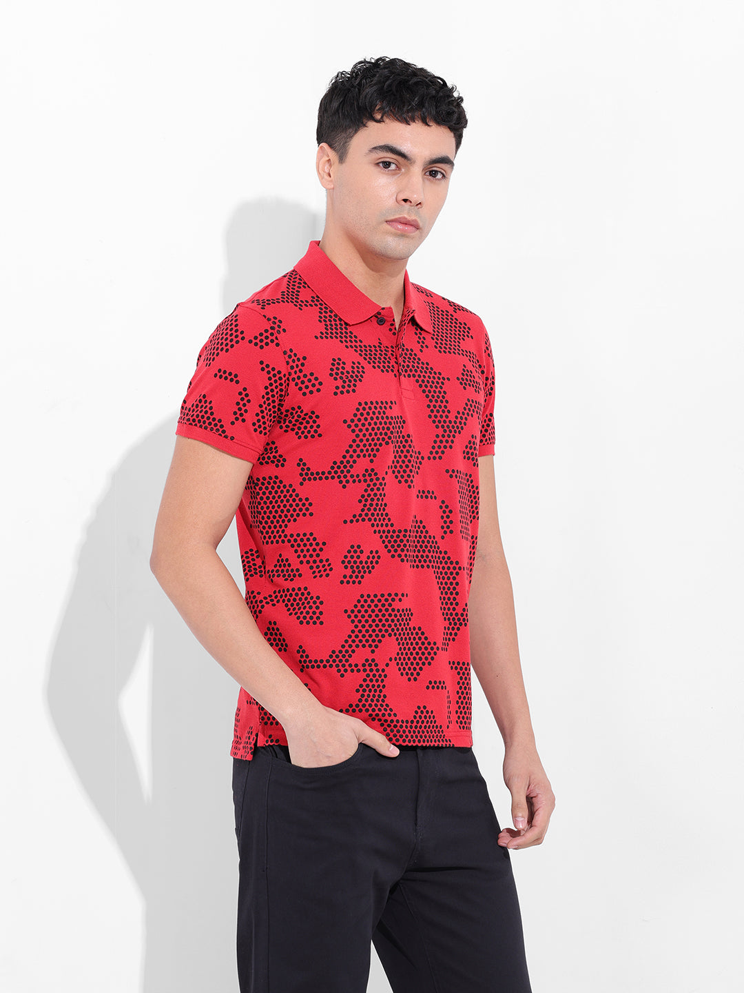 Men's Red Slim Fit Printed Polo Collar T-shirt