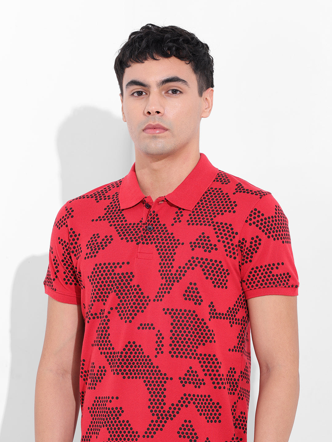 Men's Red Slim Fit Printed Polo Collar T-shirt