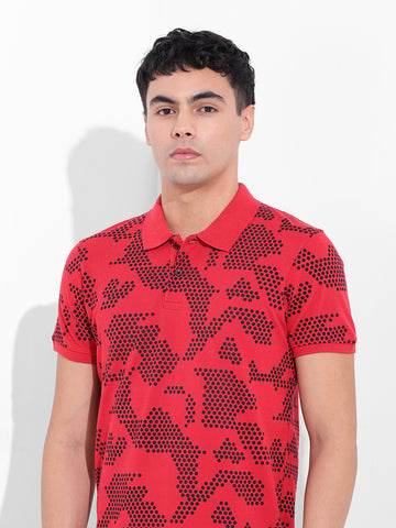 Men's Red Slim Fit Printed Polo Collar T-shirt