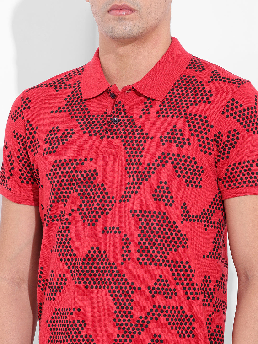 Men's Red Slim Fit Printed Polo Collar T-shirt