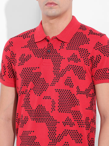 Men's Red Slim Fit Printed Polo Collar T-shirt