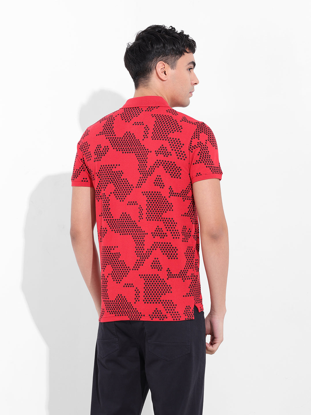 Men's Red Slim Fit Printed Polo Collar T-shirt