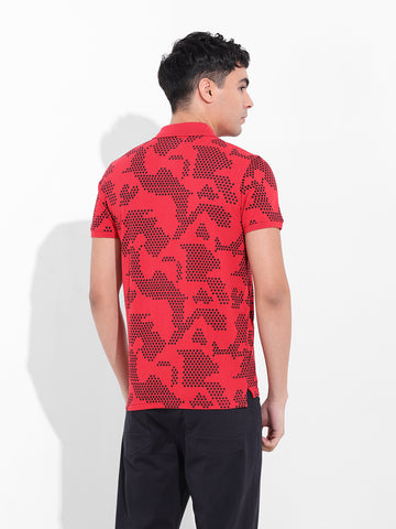 Men's Red Slim Fit Printed Polo Collar T-shirt