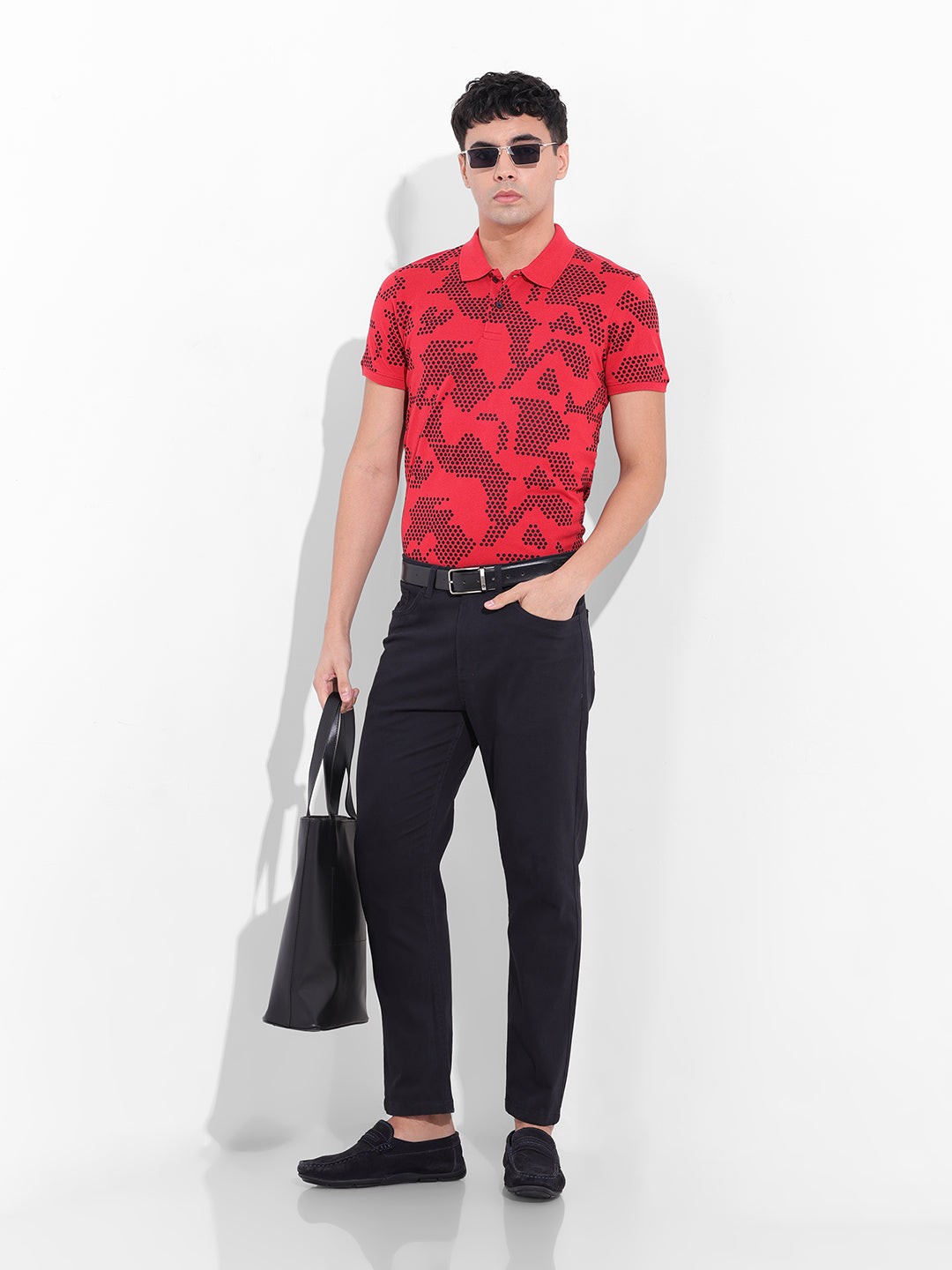 Men's Red Slim Fit Printed Polo Collar T-shirt