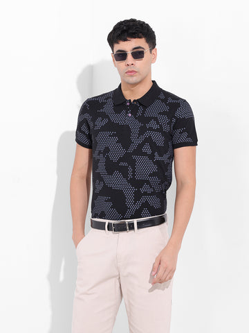 Men's Black Slim Fit Printed Polo Collar T-shirt