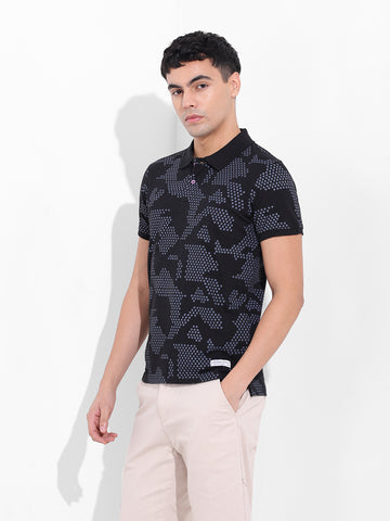 Men's Black Slim Fit Printed Polo Collar T-shirt