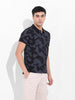 Men's Black Slim Fit Printed Polo Collar T-shirt