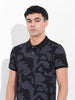 Men's Black Slim Fit Printed Polo Collar T-shirt