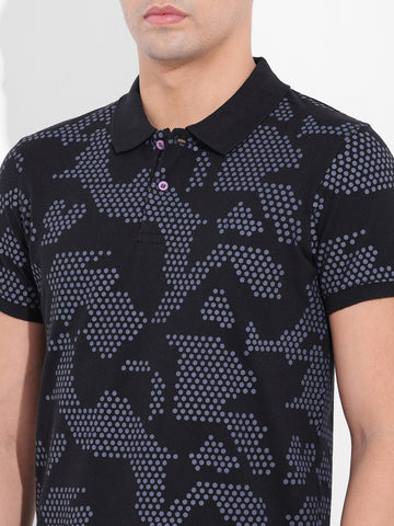 Men's Black Slim Fit Printed Polo Collar T-shirt