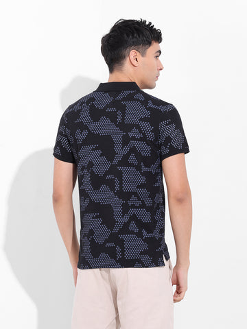 Men's Black Slim Fit Printed Polo Collar T-shirt