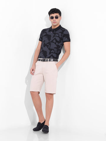 Men's Black Slim Fit Printed Polo Collar T-shirt