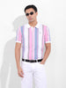 Men's Blue Slim Fit Striped Polo Collar T-shirt