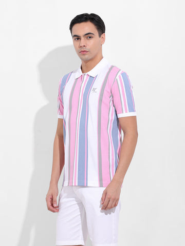 Men's Blue Slim Fit Striped Polo Collar T-shirt