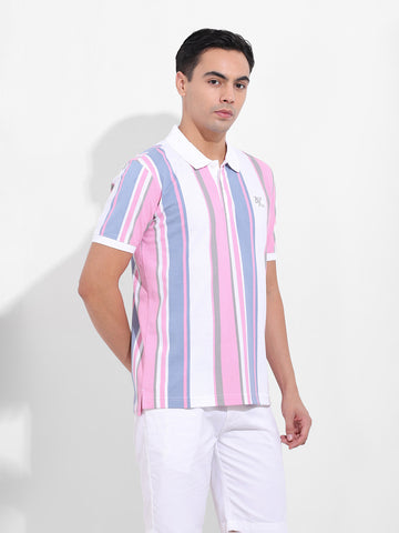 Men's Blue Slim Fit Striped Polo Collar T-shirt