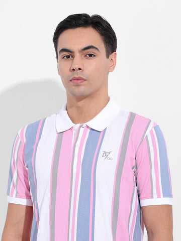 Men's Blue Slim Fit Striped Polo Collar T-shirt