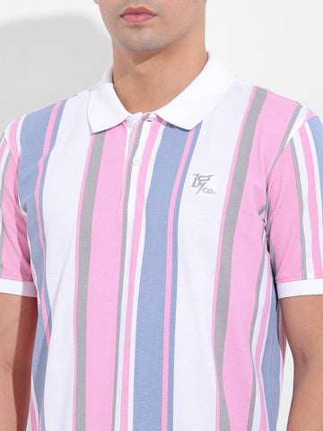 Men's Blue Slim Fit Striped Polo Collar T-shirt