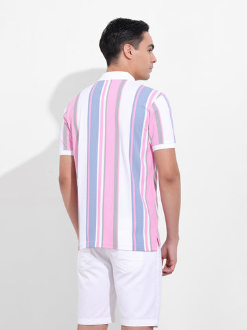 Men's Blue Slim Fit Striped Polo Collar T-shirt